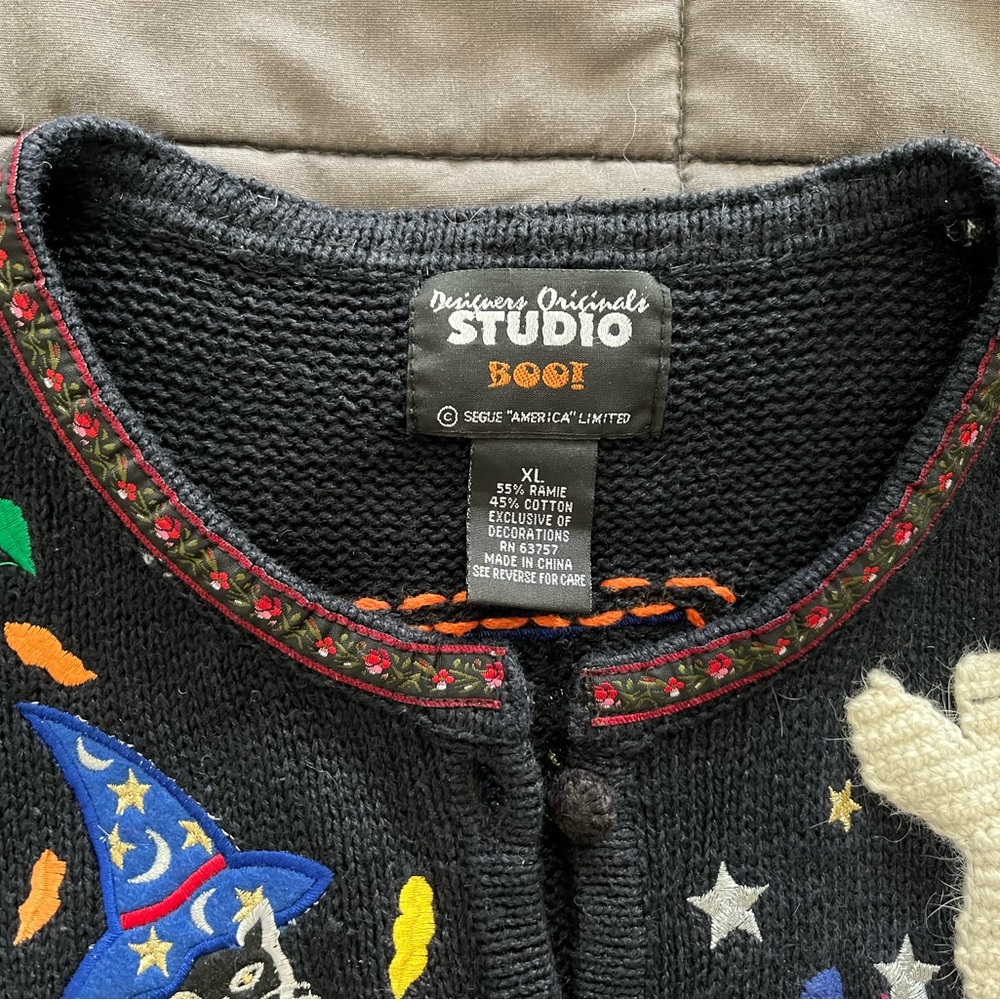 Designers Originals Black Cardigan with Colorful Embroidery Halloween Themed - Picture 3 of 5